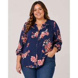 St. Johns Bay Navy Floral Split Neck Blouse Sheer 3/4 Sleeve Plus Size 1X